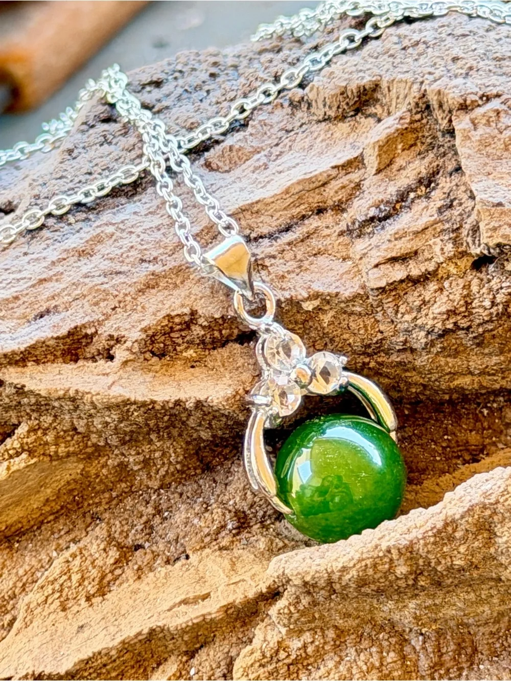 New Rare Jadeite Stone Green 925 Sterling Silver White Sapphire Artisan Necklace